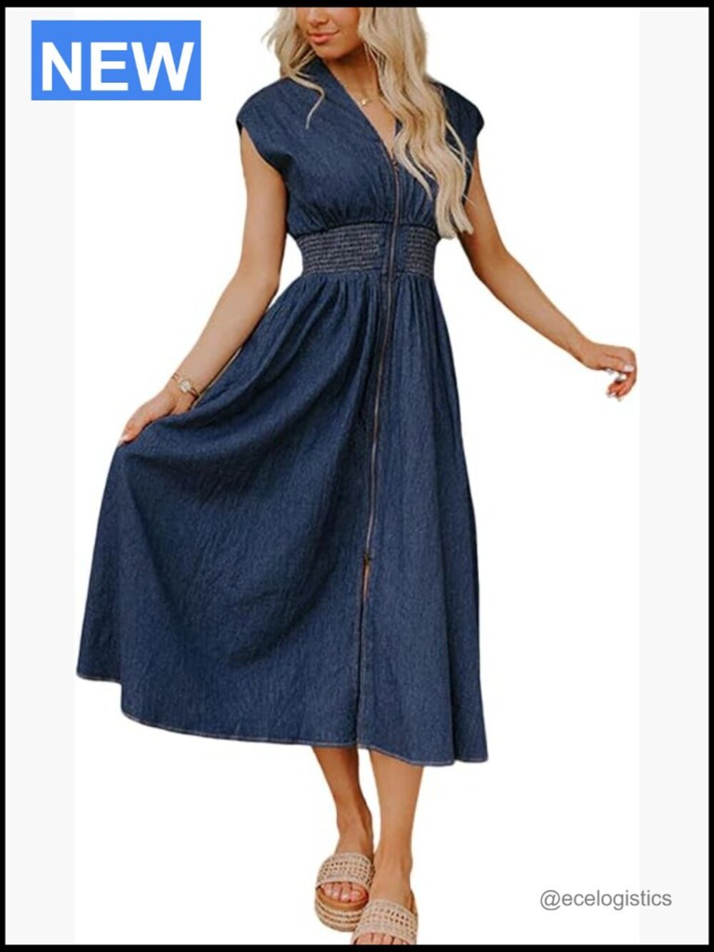 Sleeveless V Neck Zip Up Smocked High Waist Ruffle A Line Midi Denim Dress